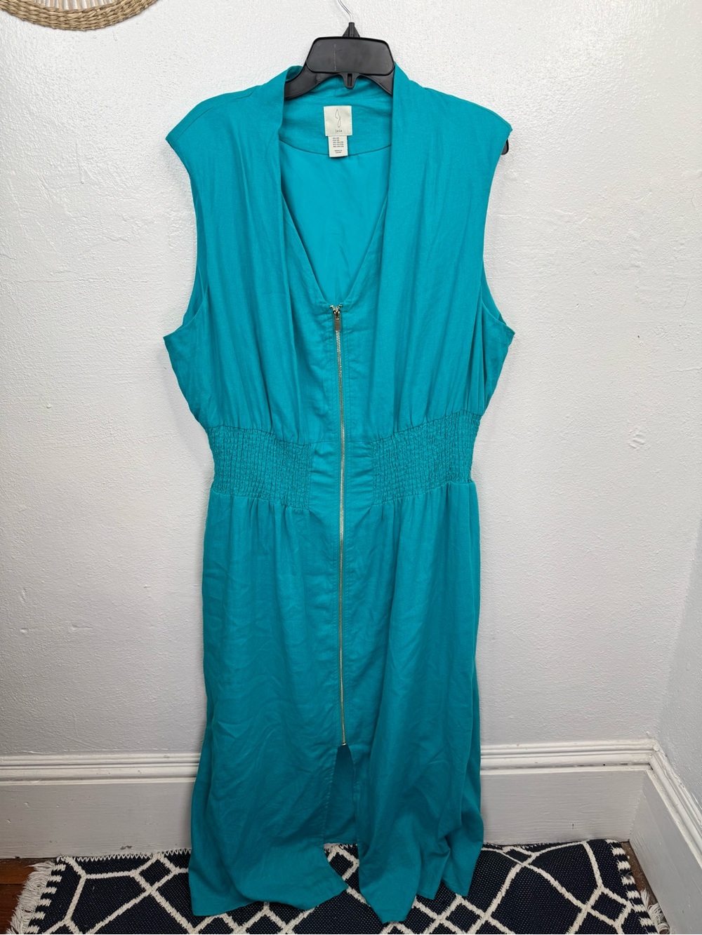Joie Dress Womens 3X Teal Sleeveless Zip Front Midi Smocked Waist Pockets